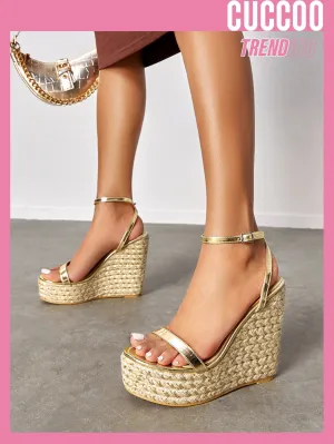 CuccooWomen Metallic Ankle Strap Sandals, Vacation Silver Wedge Sandals