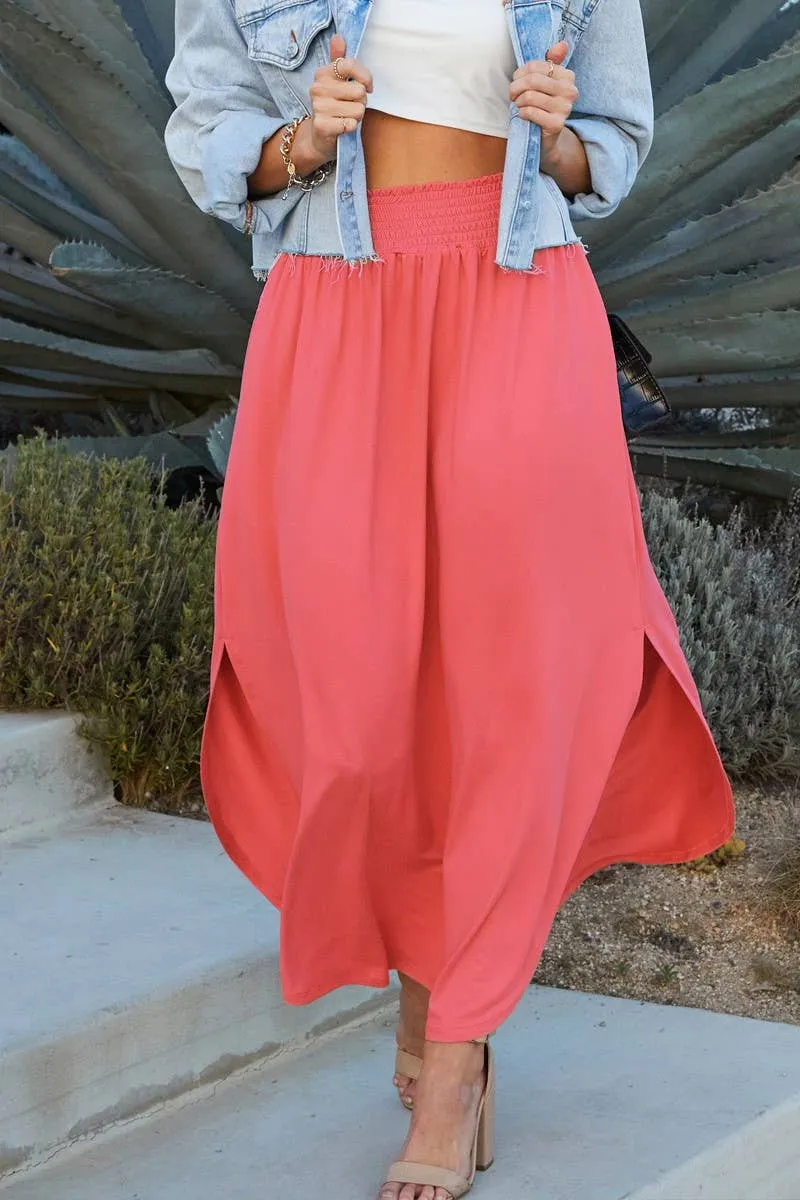 CWBLS041_SMOCKING WAIST MAXI SKIRT WITH SIDE POCKET: CRANBERRY / (L) 1