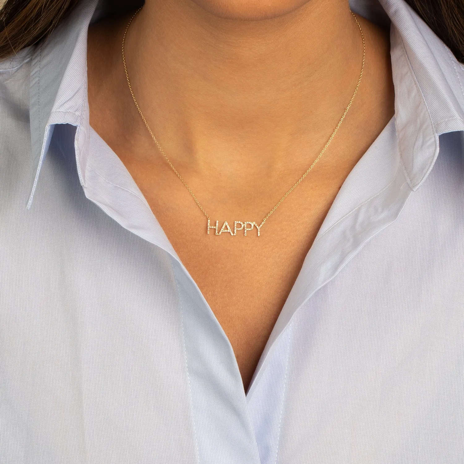 Diamond Pave Happy Nameplate Necklace 14K
