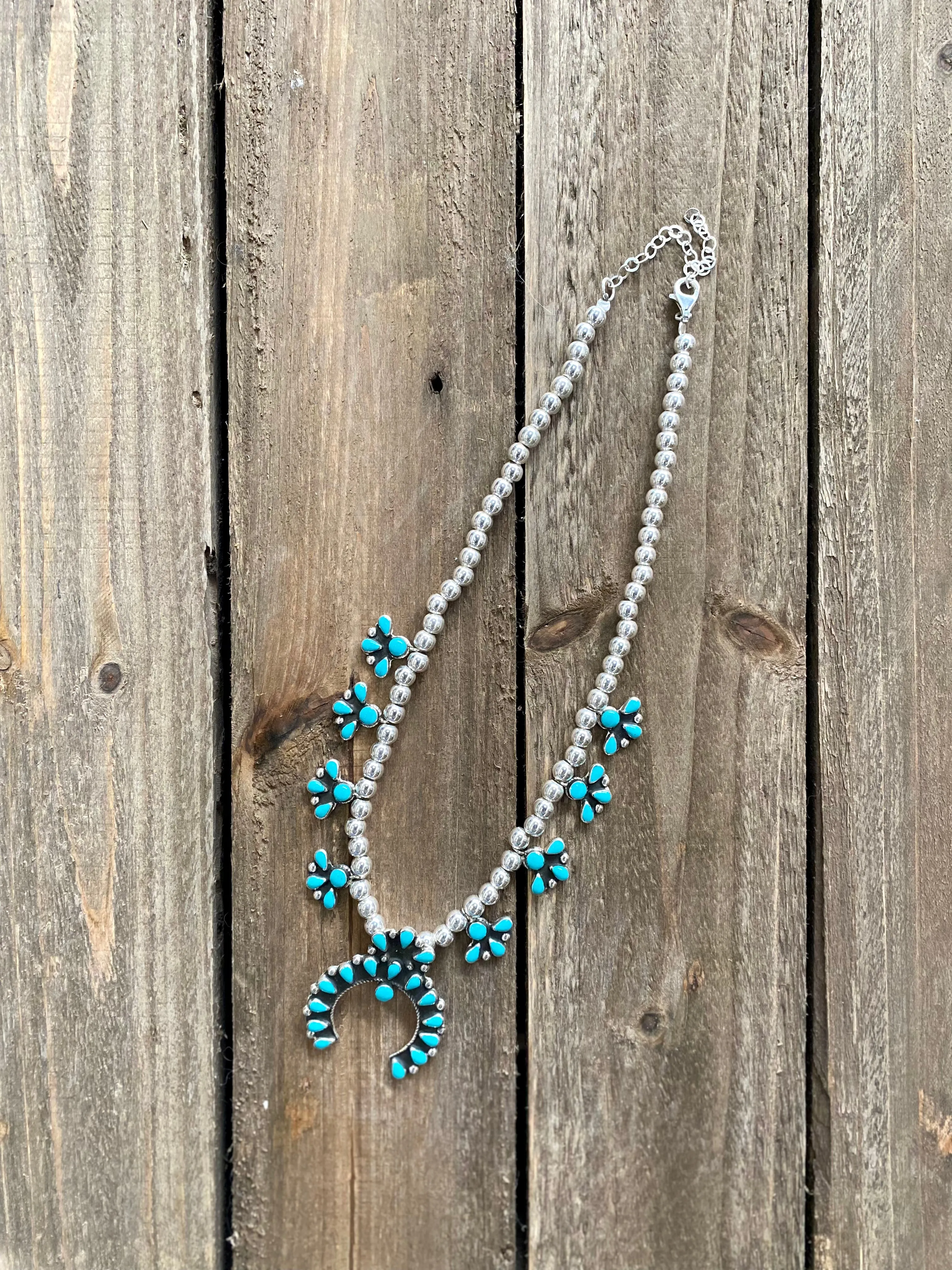 Dianna Turquoise and Silver Squash Blossom Necklace