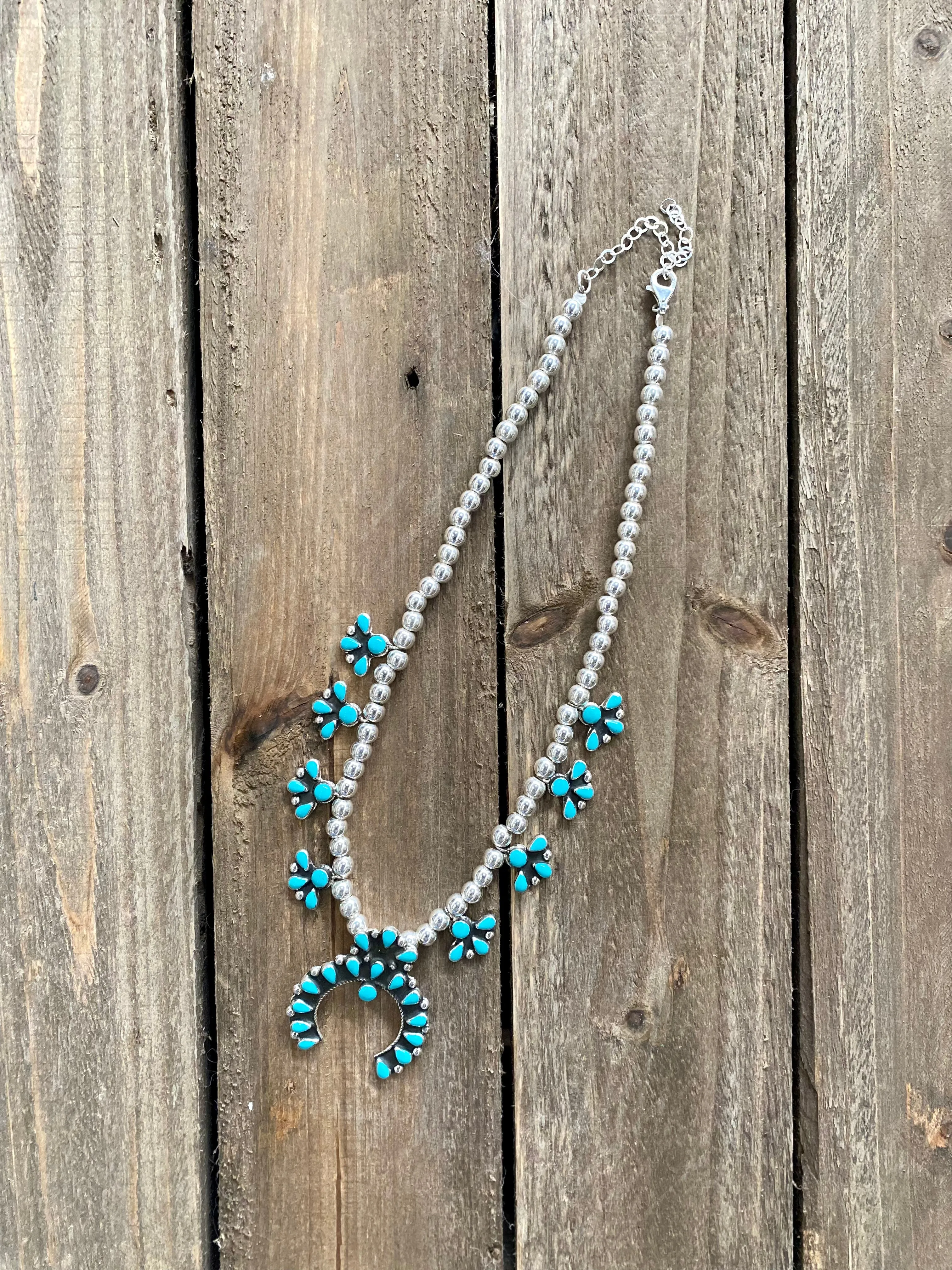 Dianna Turquoise and Silver Squash Blossom Necklace