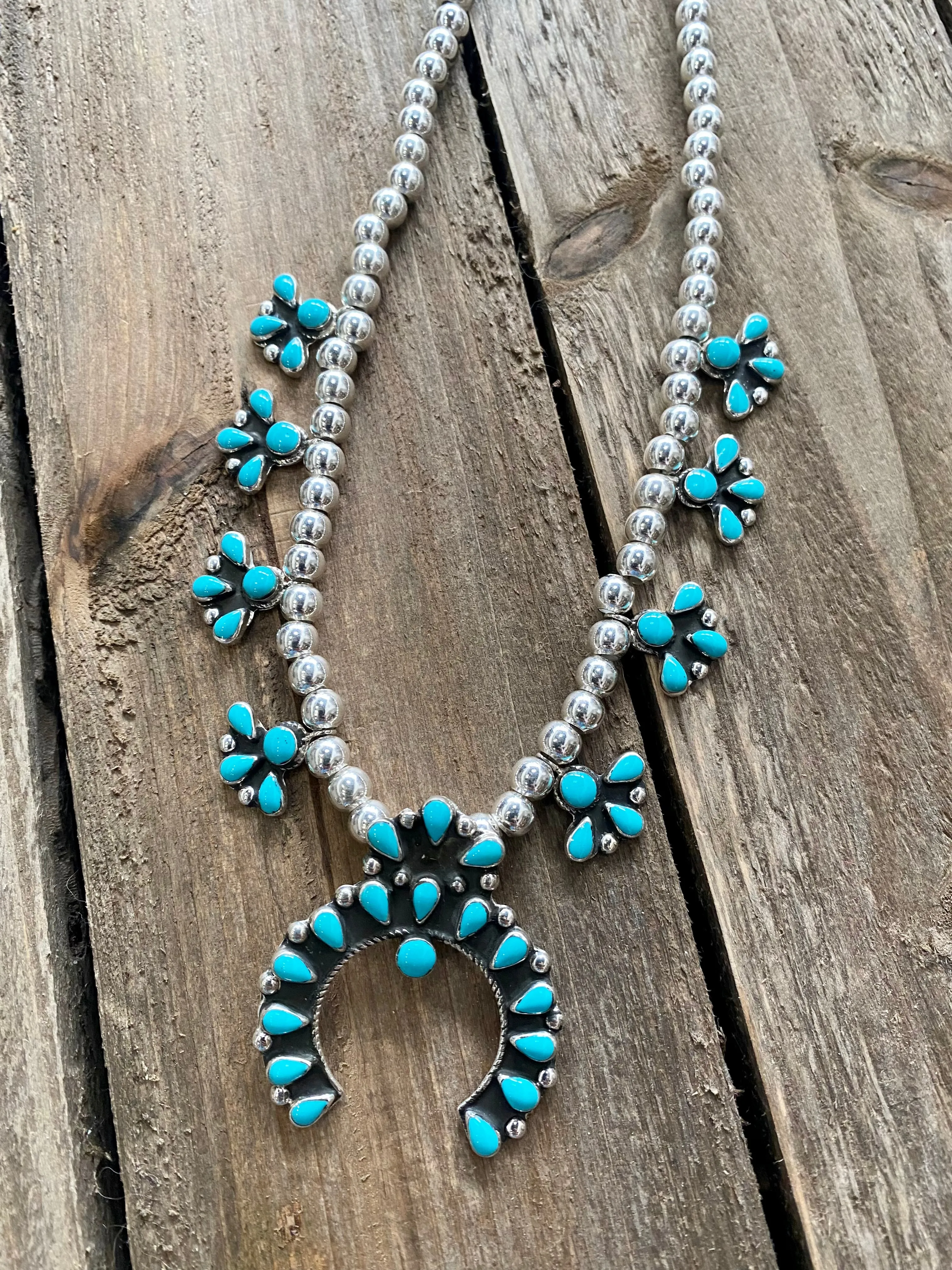 Dianna Turquoise and Silver Squash Blossom Necklace