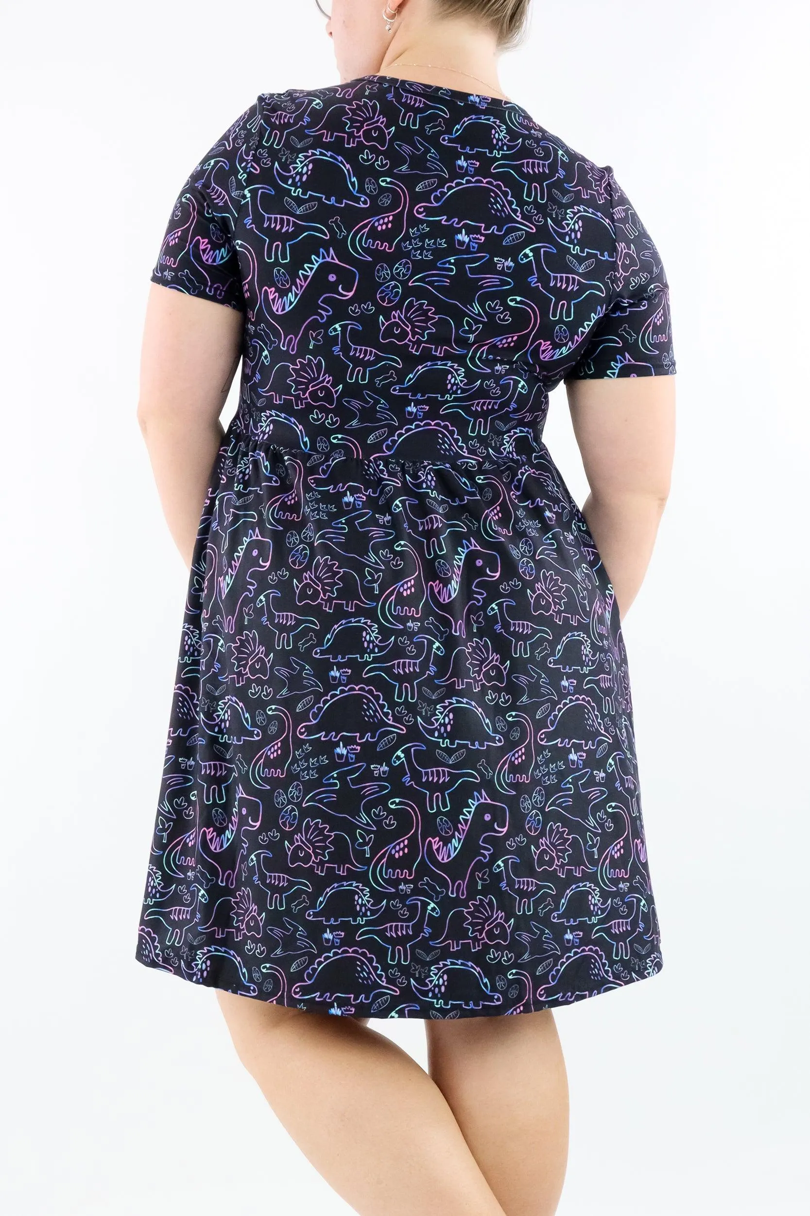 Dinosaur Party - Short Sleeve Skater Dress - Knee Length - Side Pockets