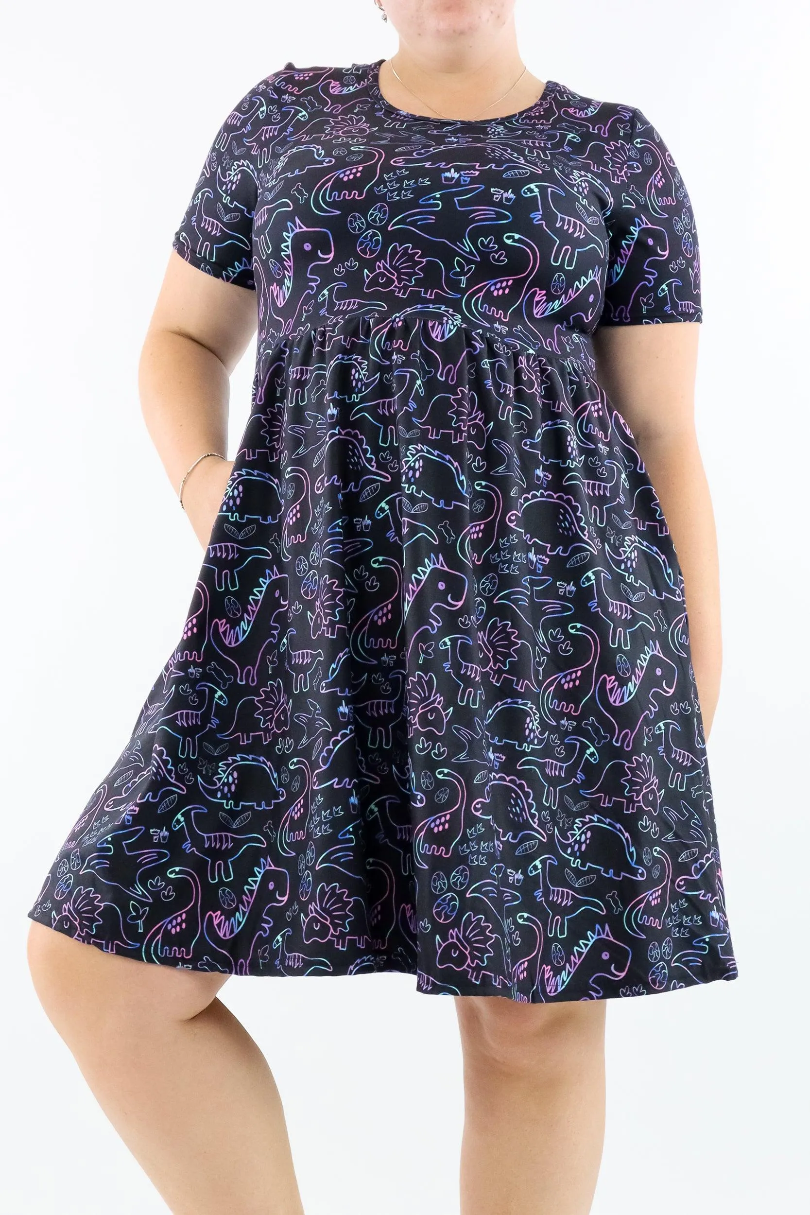 Dinosaur Party - Short Sleeve Skater Dress - Knee Length - Side Pockets