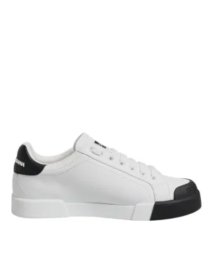 Dolce & Gabbana White Black Leather Low Top Sneakers Shoes