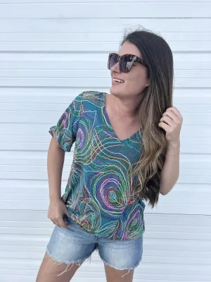 DOORBUSTER: Abstract Ruffle Sleeve V-Neck Top - Teal & Pink by Sew In Love (Ships in 2-3 Weeks)