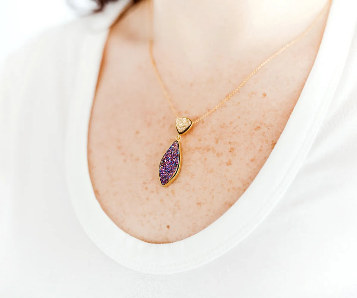 Double Drop Marquise Purple Rainbow Druzy Necklace