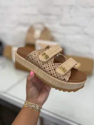 Double Strap Raffia Platform Sandals