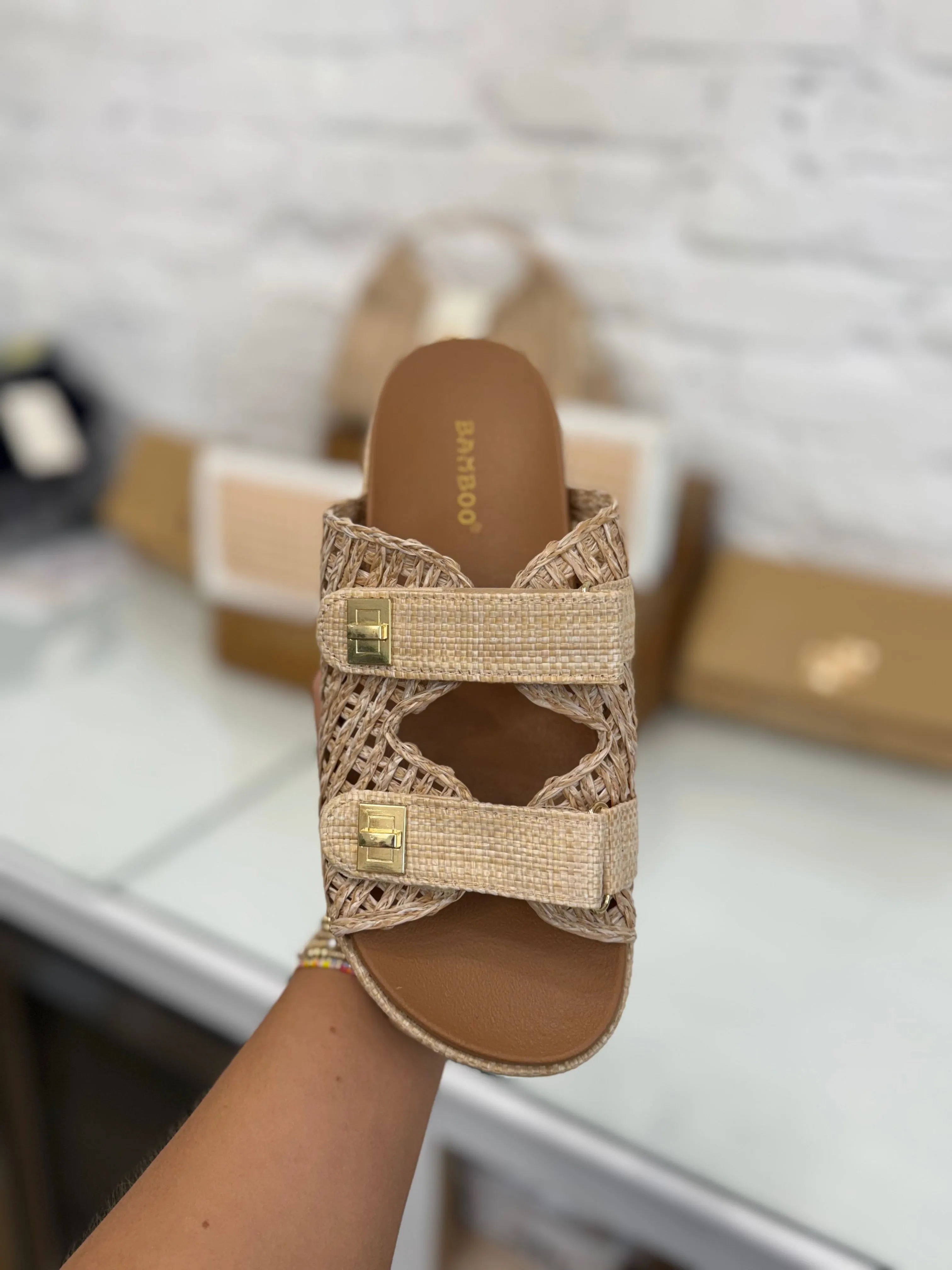 Double Strap Raffia Platform Sandals