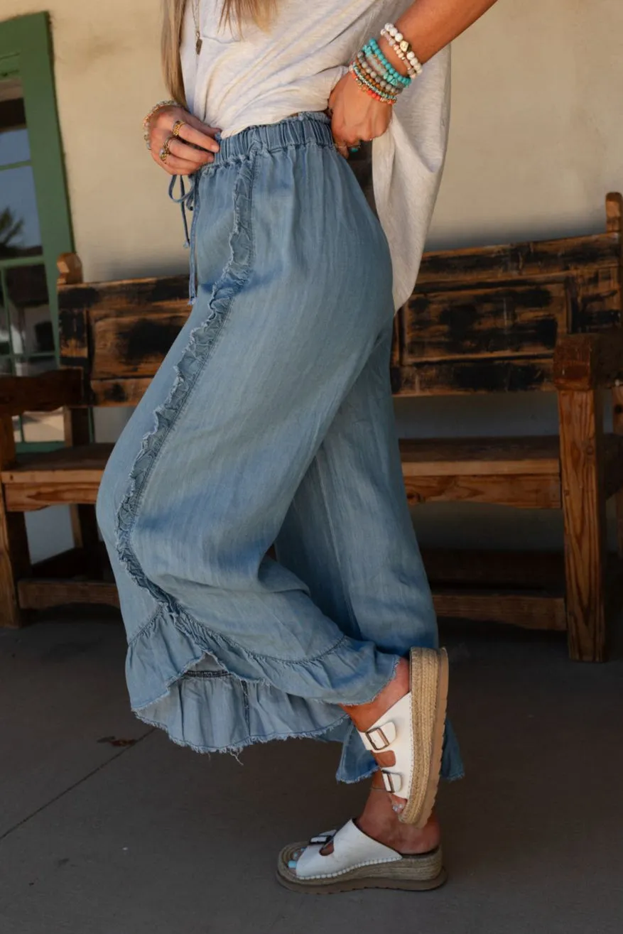 Drift Wave Ruffle Wide Leg Pants - Light Denim