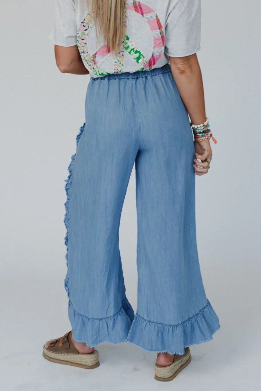 Drift Wave Ruffle Wide Leg Pants - Light Denim