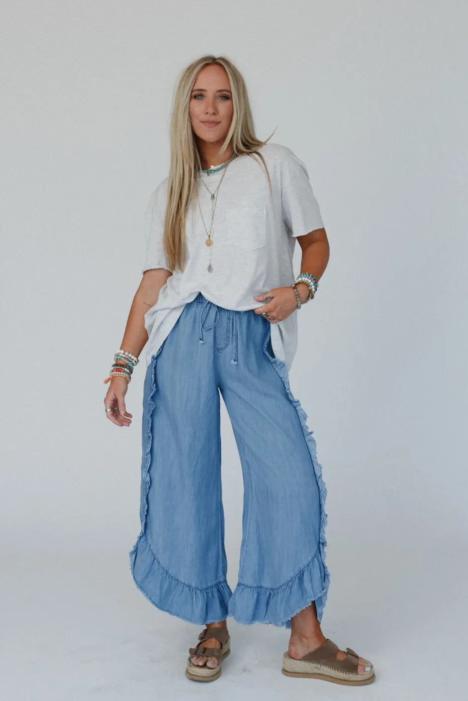 Drift Wave Ruffle Wide Leg Pants - Light Denim