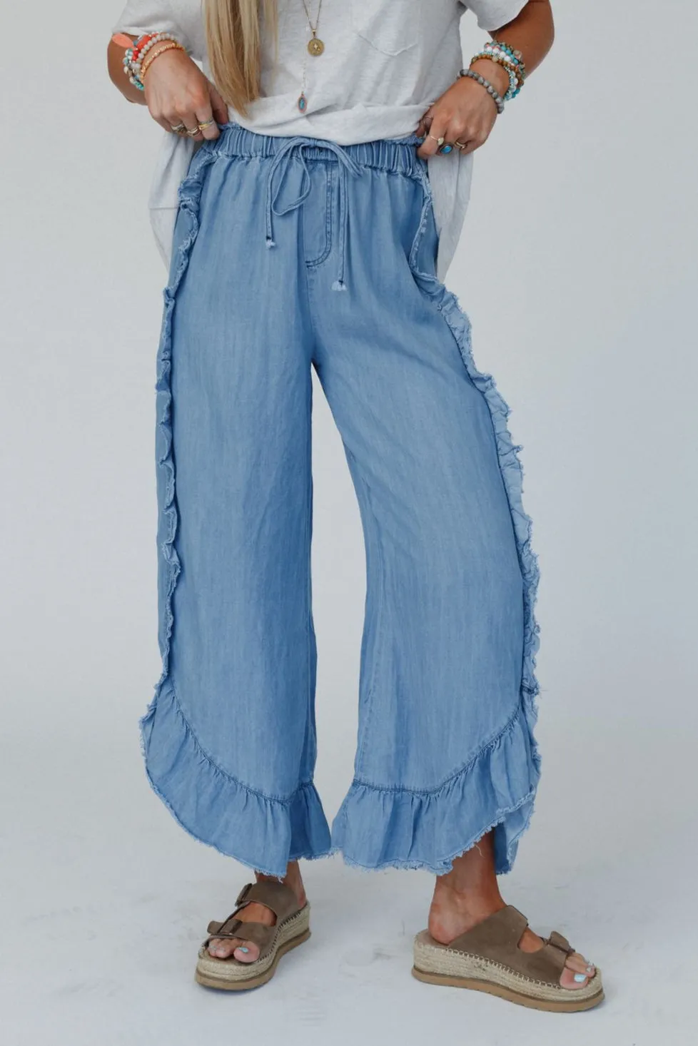 Drift Wave Ruffle Wide Leg Pants - Light Denim