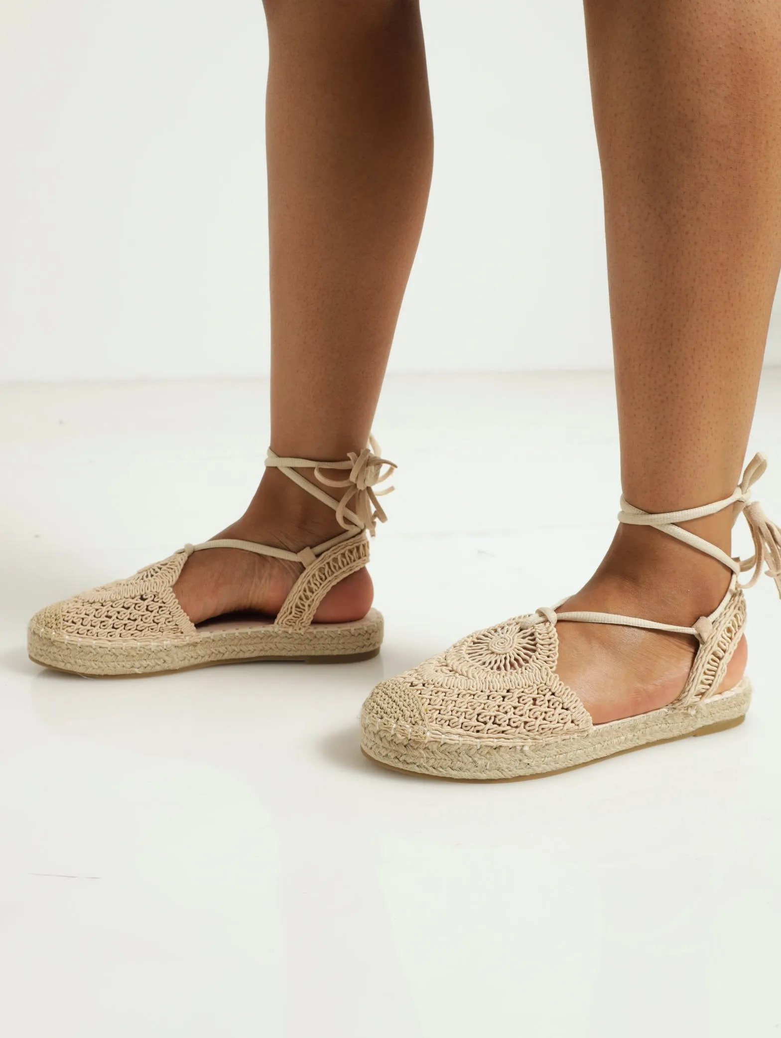 Espadrille Flat With Ankle Tie - Beige