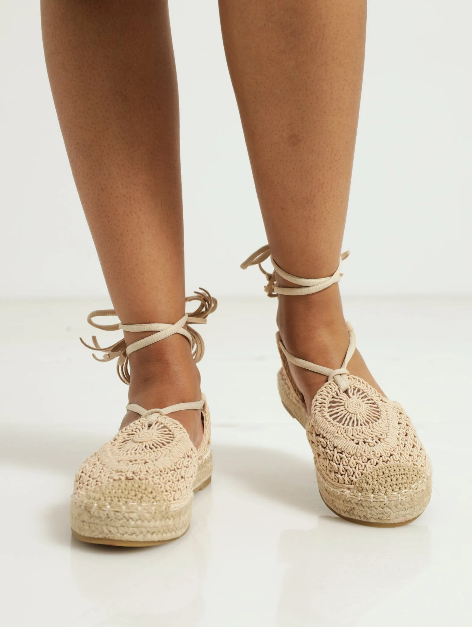 Espadrille Flat With Ankle Tie - Beige