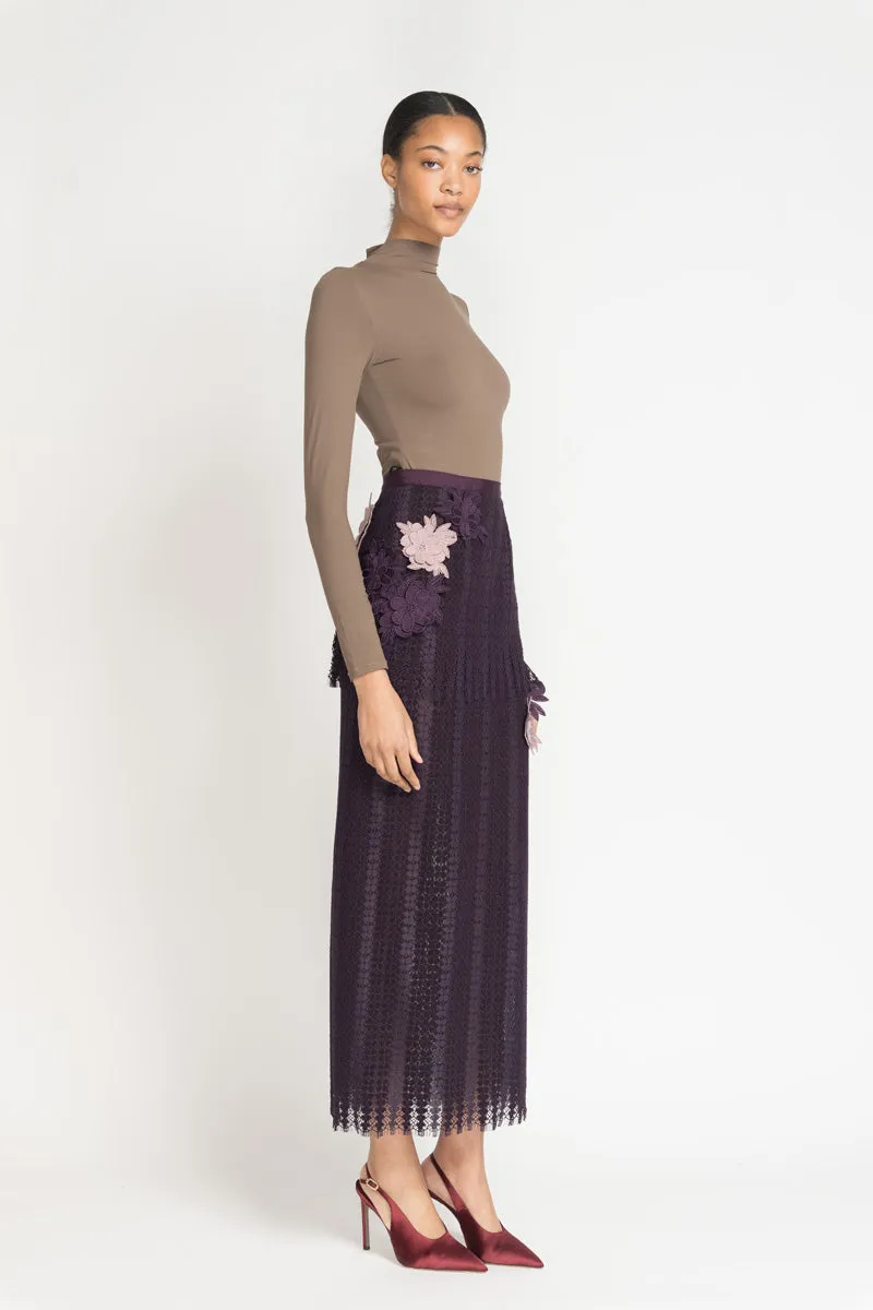 Flocked Lace Skirt with Flower Appliqué