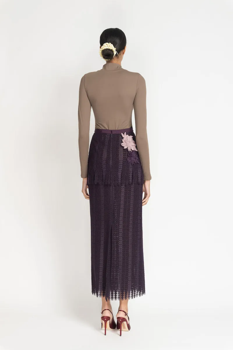 Flocked Lace Skirt with Flower Appliqué