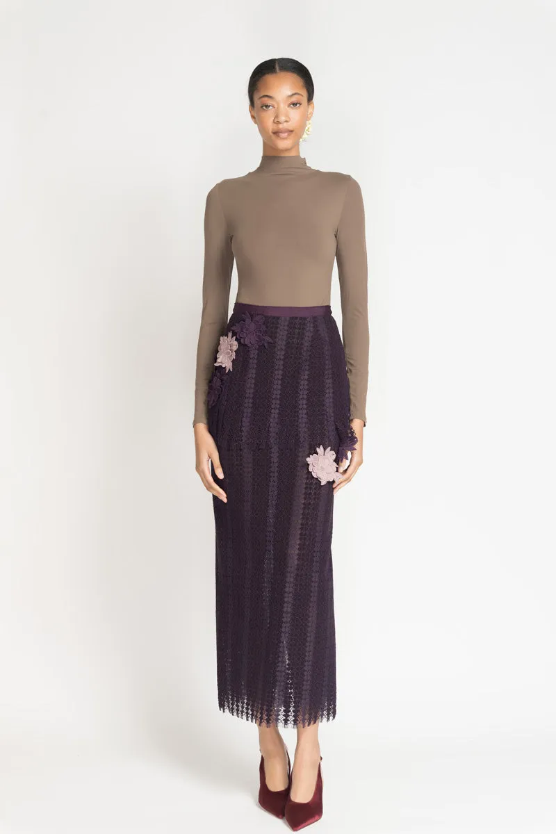 Flocked Lace Skirt with Flower Appliqué