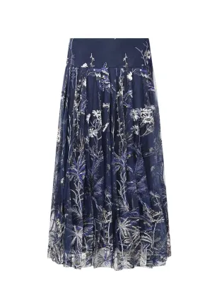 Floral-embroidered polk-dot tulle skirt