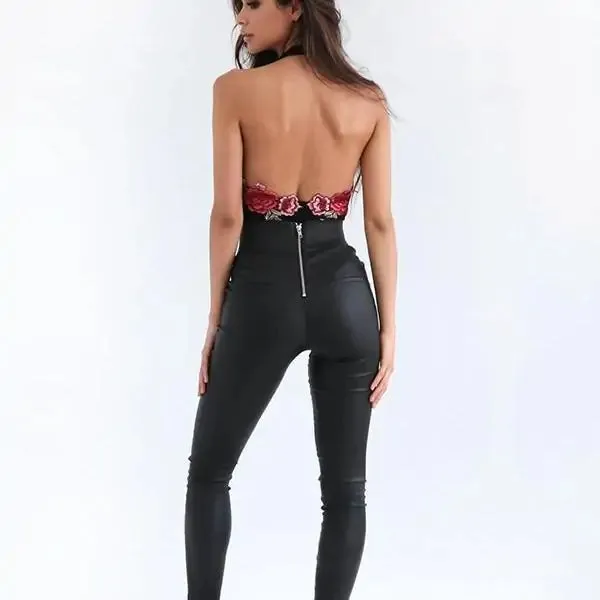 Floral Embroidery Backless Bodysuit