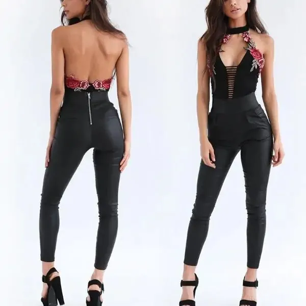 Floral Embroidery Backless Bodysuit