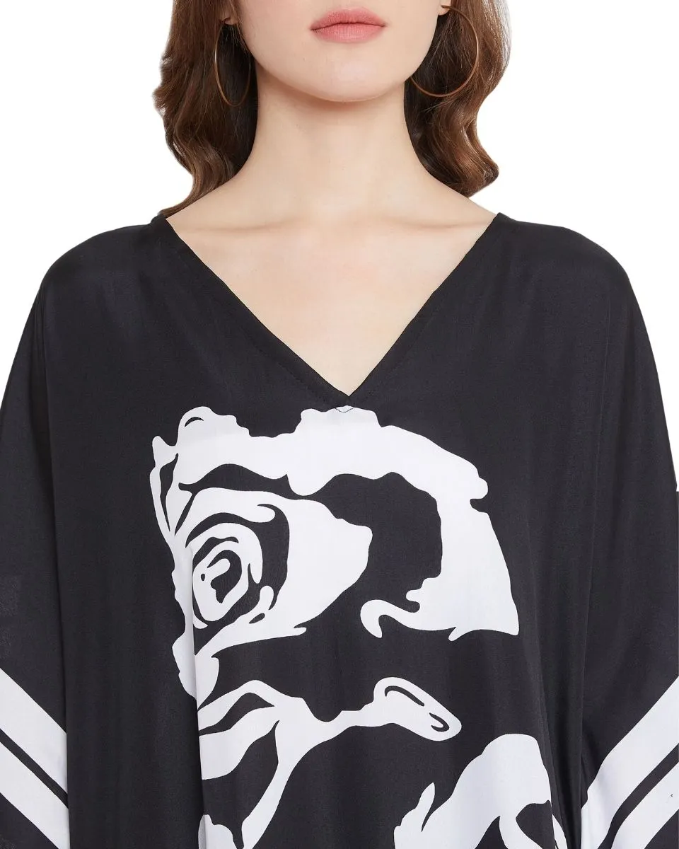 Floral Printed Black Polyester Tunic Top For Plus Size Women
