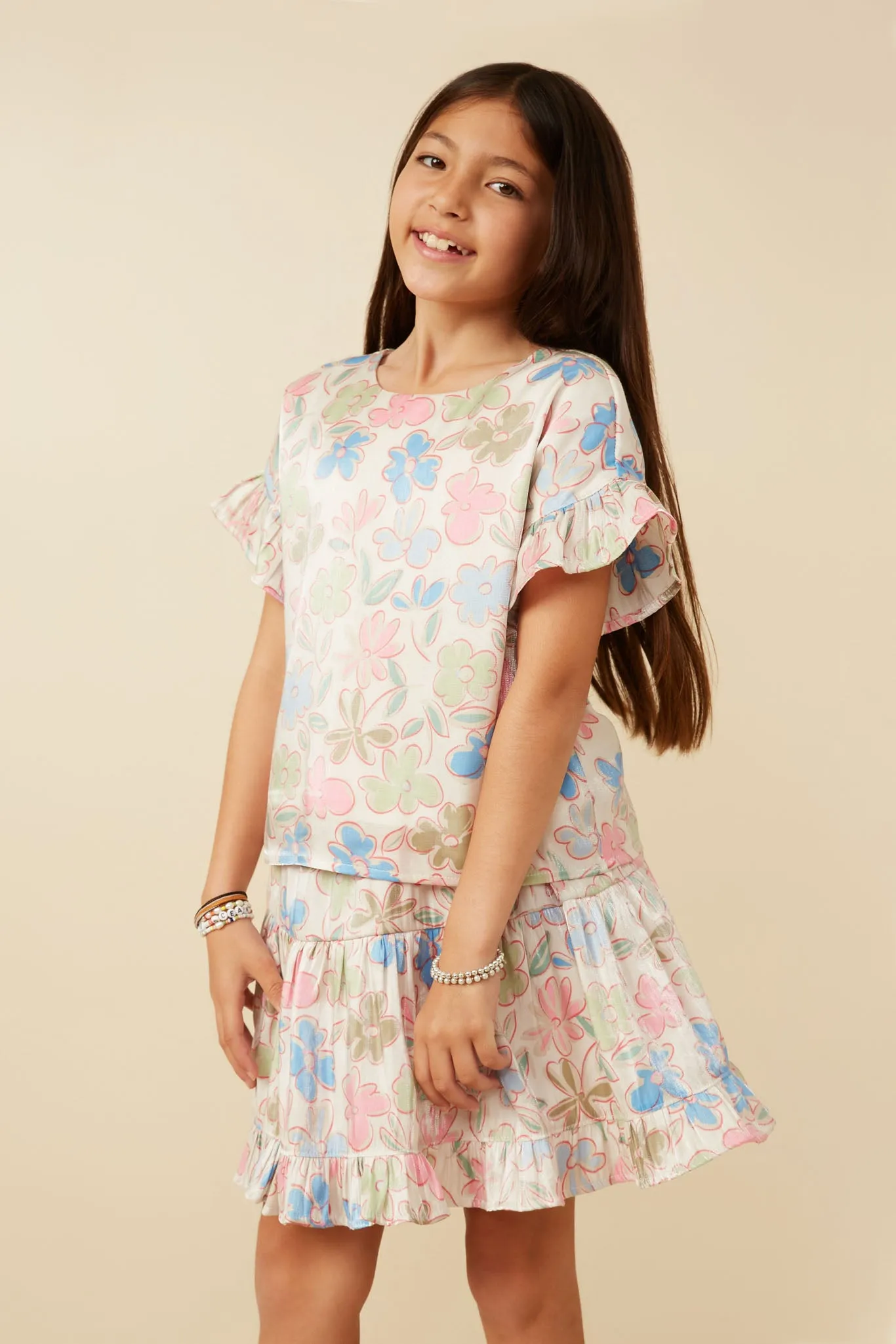 Floral Ruffle Sleeve Foiled Top
