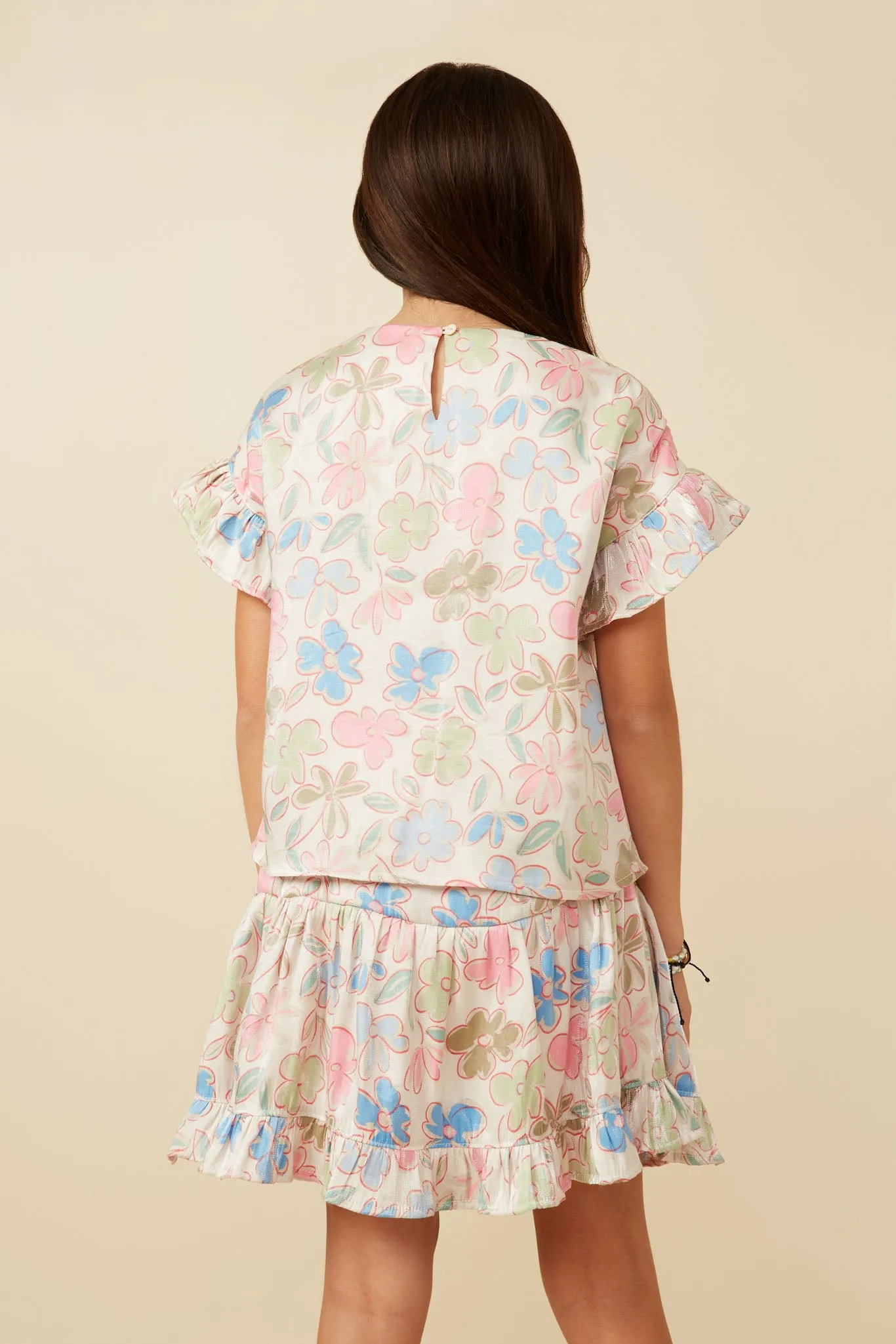 Floral Ruffle Sleeve Foiled Top