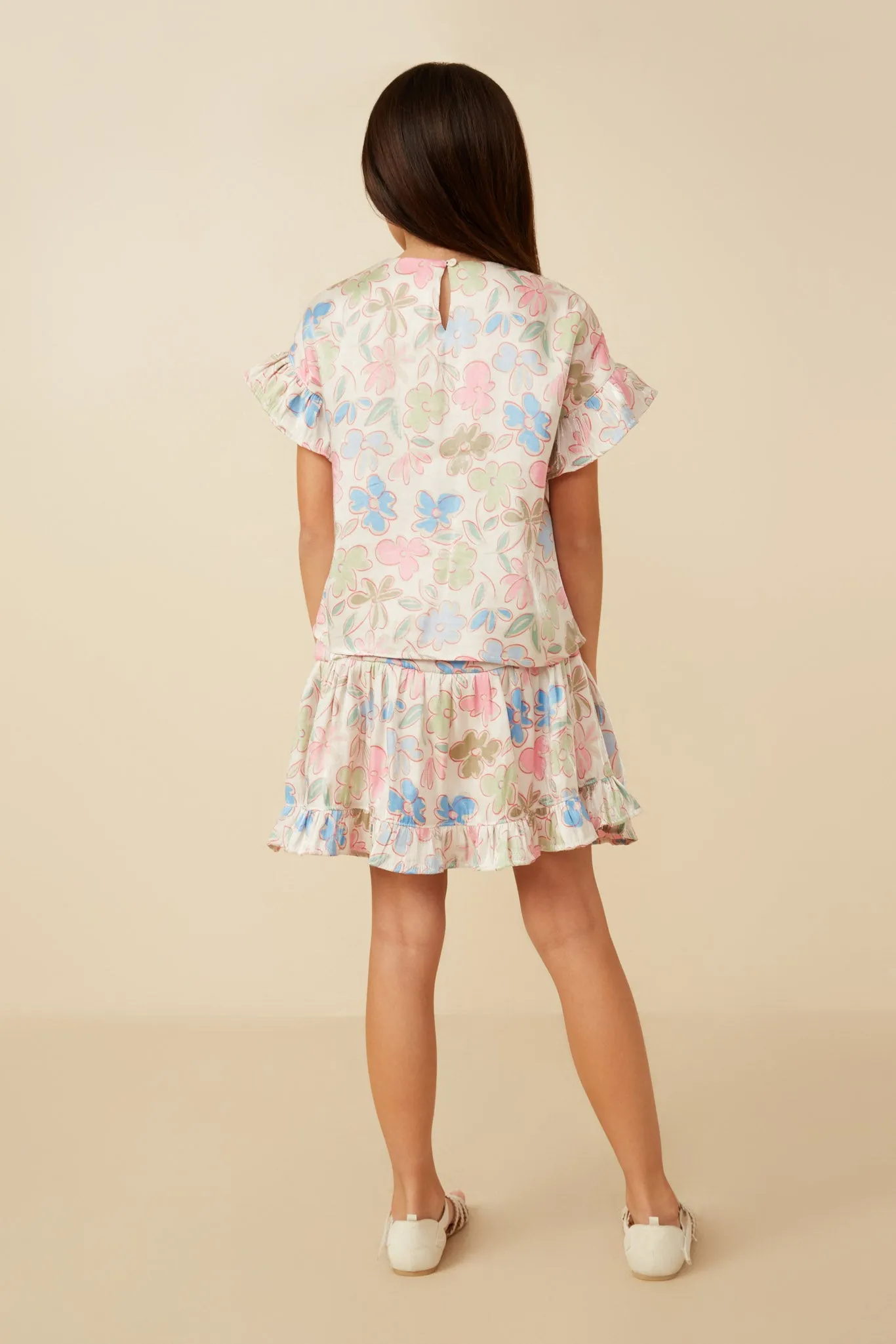 Floral Ruffle Sleeve Foiled Top