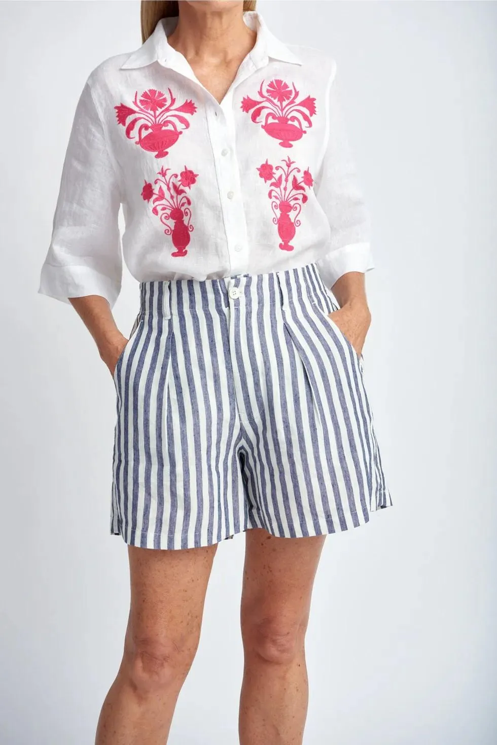 Goondiwindi Cotton - Stripe Linen Shorts - Navy/White