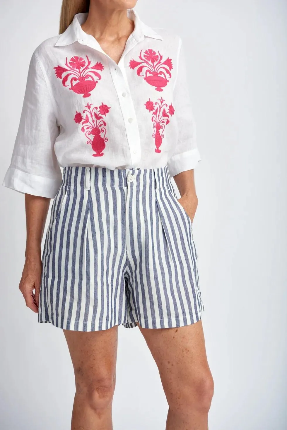 Goondiwindi Cotton - Stripe Linen Shorts - Navy/White