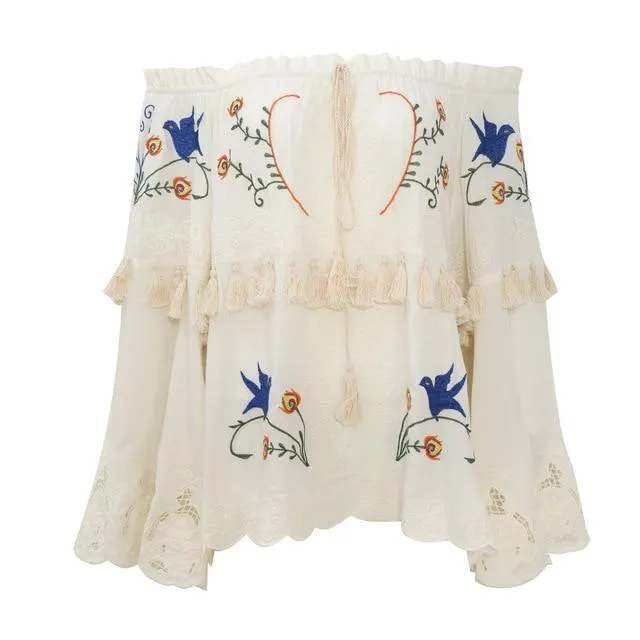 GRACE - Boho Off-shoulder Embroidery Blouse (to size XL)