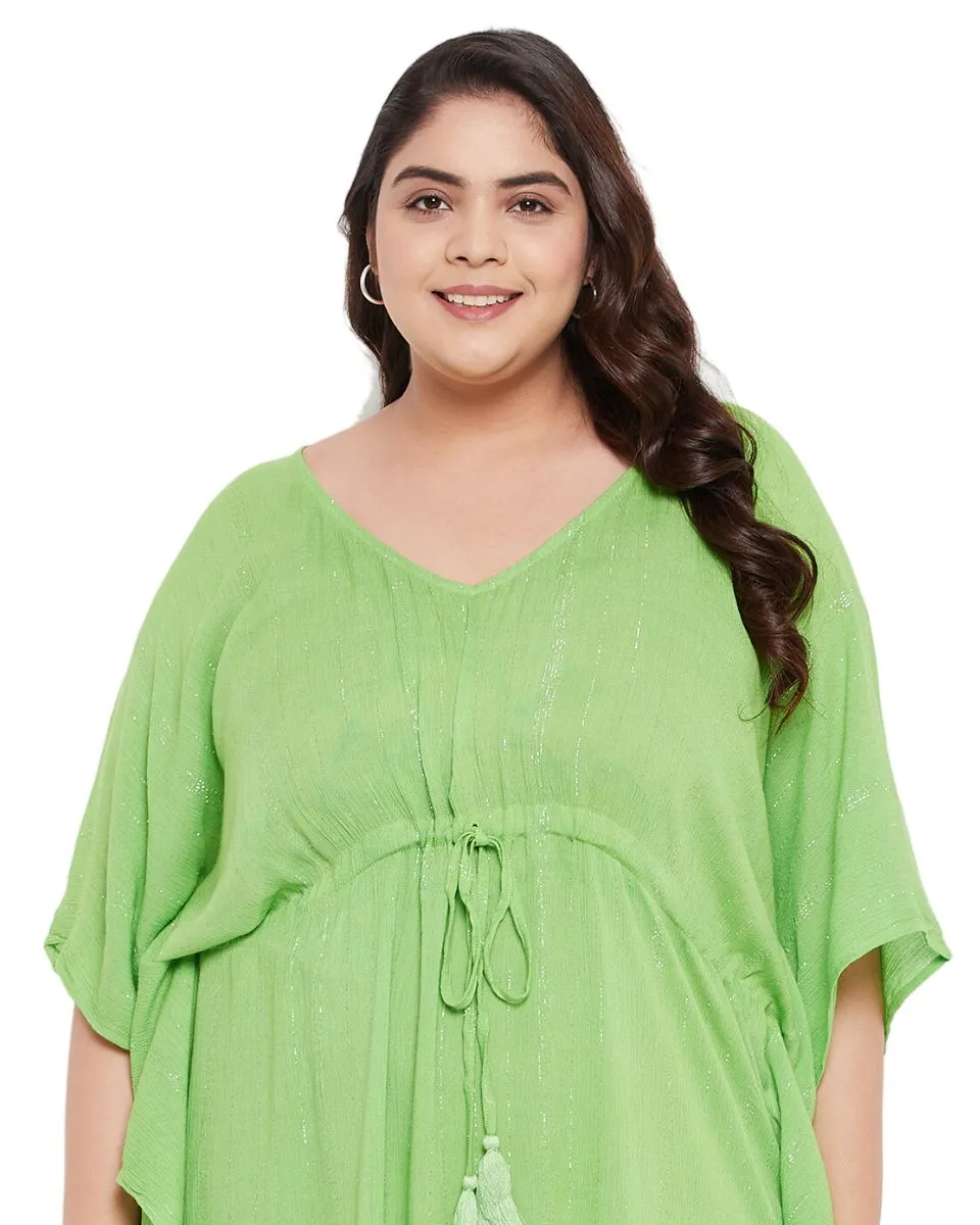 Green Solid Rayon With Lurex Stripes Tunic Top For Plus Size Women