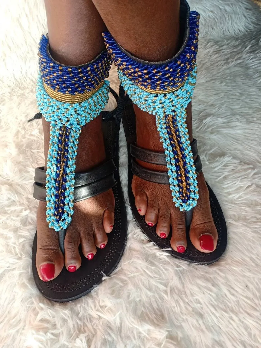 Handmade African Beaded Sandals/Authentic Maasai-Style Leather Flip-Flops Women/Boho Beach Sandals/Comfortable Summer Sandal African Gifts