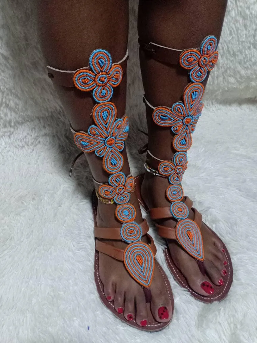 Handmade African Beaded Sandals/Authentic Maasai-Style Leather Flip-Flops Women/Boho Beach Sandals/Comfortable Summer Sandal African Gifts