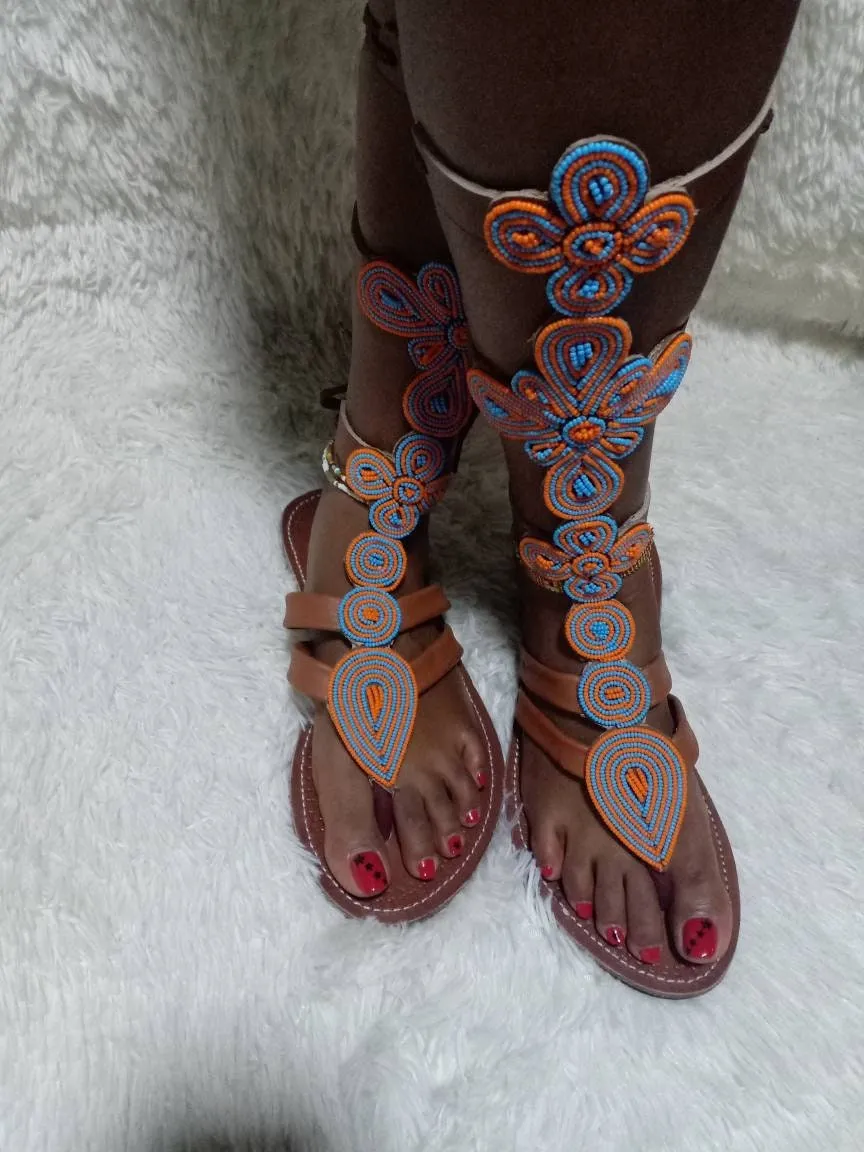 Handmade African Beaded Sandals/Authentic Maasai-Style Leather Flip-Flops Women/Boho Beach Sandals/Comfortable Summer Sandal African Gifts