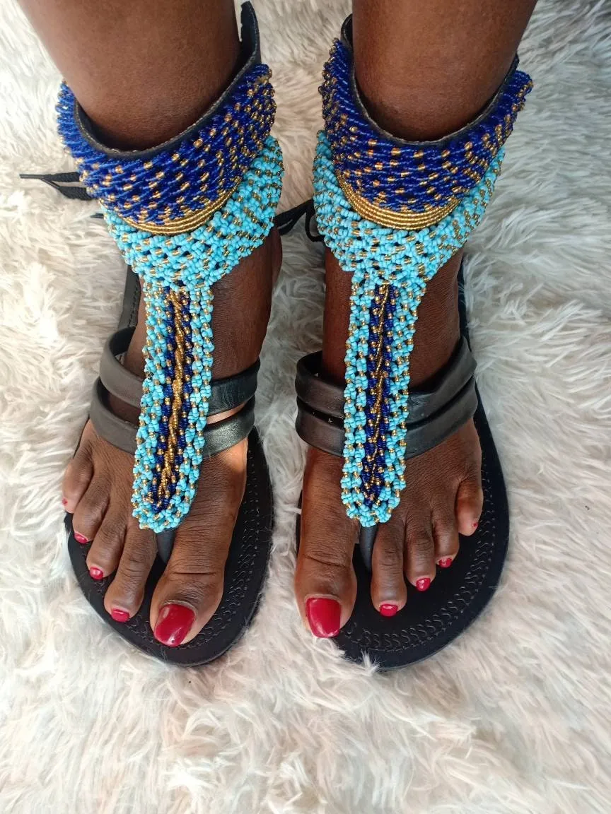 Handmade African Beaded Sandals/Authentic Maasai-Style Leather Flip-Flops Women/Boho Beach Sandals/Comfortable Summer Sandal African Gifts