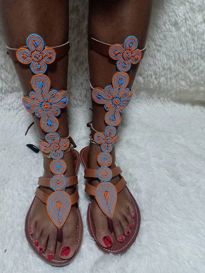 Handmade African Beaded Sandals/Authentic Maasai-Style Leather Flip-Flops Women/Boho Beach Sandals/Comfortable Summer Sandal African Gifts