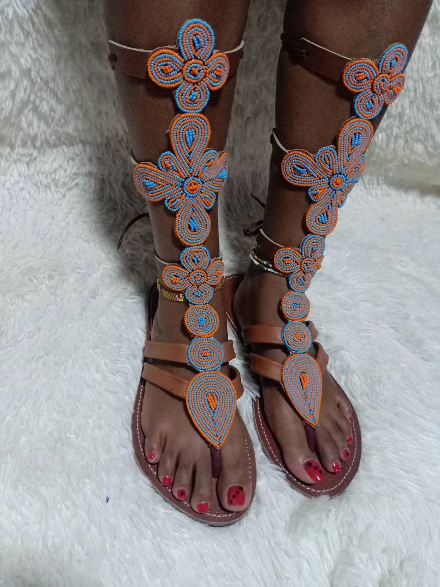 Handmade African Beaded Sandals/Authentic Maasai-Style Leather Flip-Flops Women/Boho Beach Sandals/Comfortable Summer Sandal African Gifts