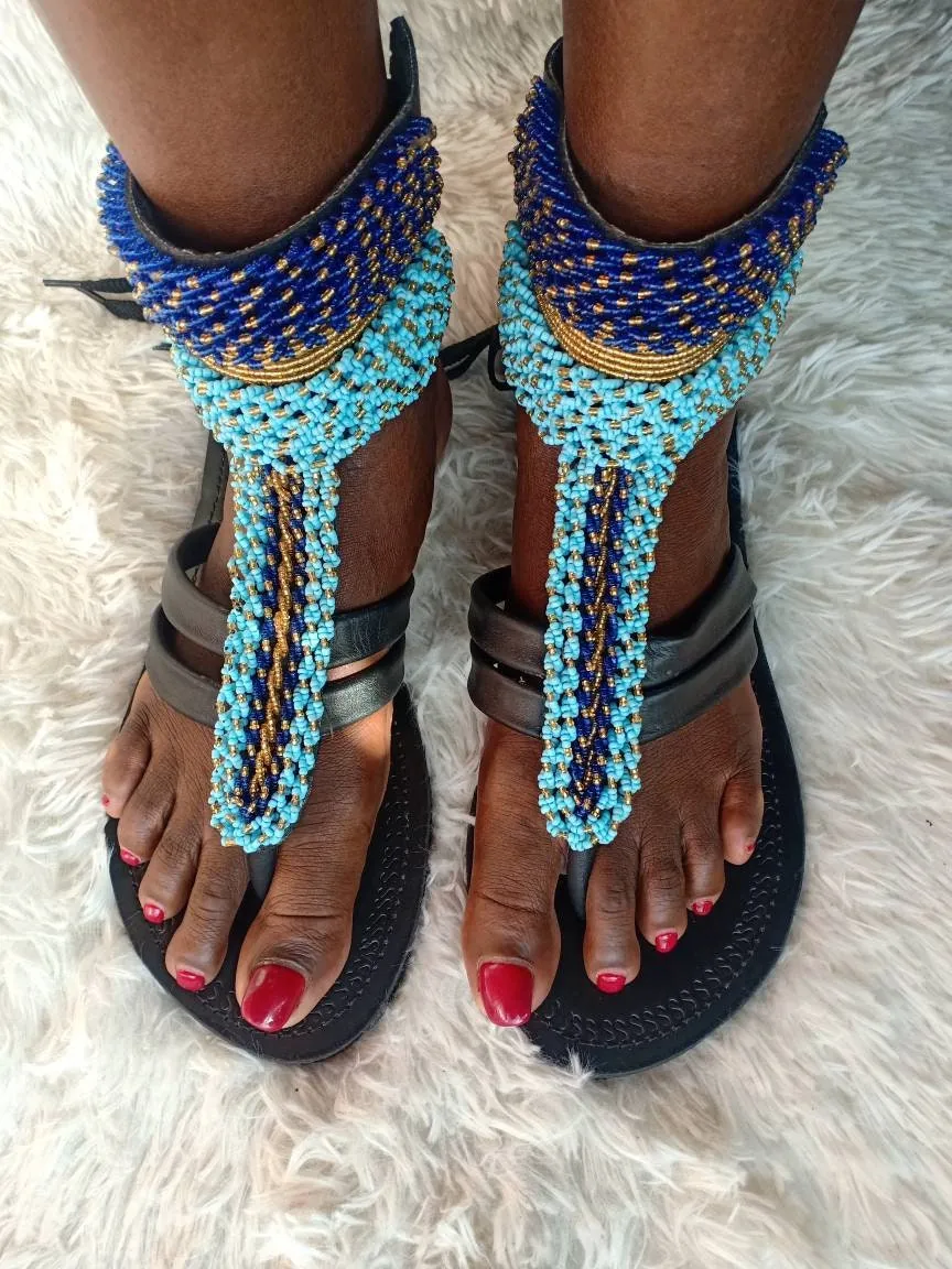 Handmade African Beaded Sandals/Authentic Maasai-Style Leather Flip-Flops Women/Boho Beach Sandals/Comfortable Summer Sandal African Gifts