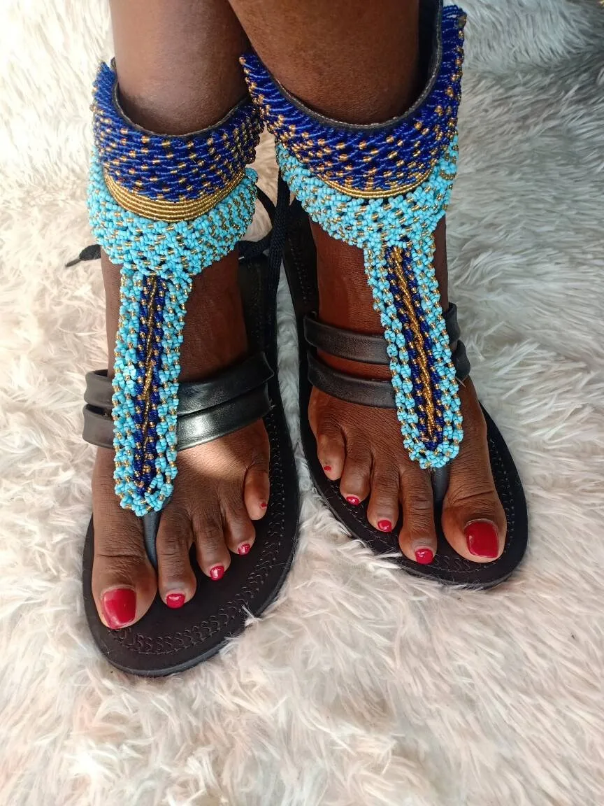 Handmade African Beaded Sandals/Authentic Maasai-Style Leather Flip-Flops Women/Boho Beach Sandals/Comfortable Summer Sandal African Gifts