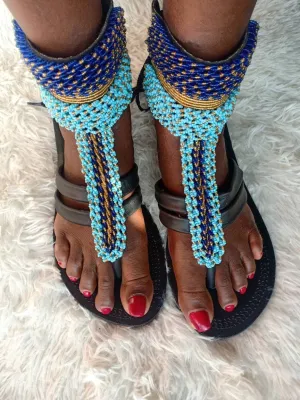 Handmade African Beaded Sandals/Authentic Maasai-Style Leather Flip-Flops Women/Boho Beach Sandals/Comfortable Summer Sandal African Gifts