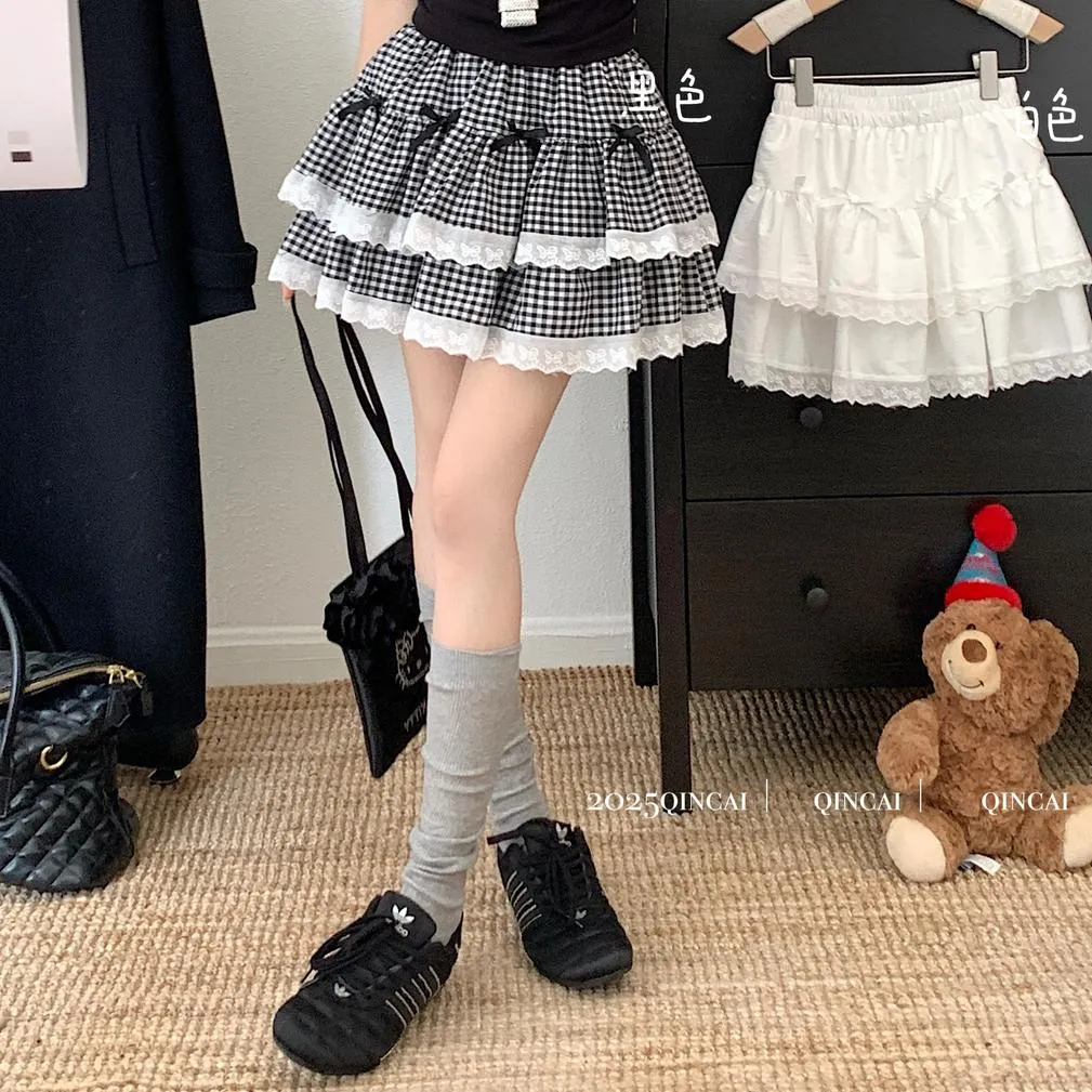 High Rise Tiered Mini Skirt with Checkered Pattern and Lace Trim