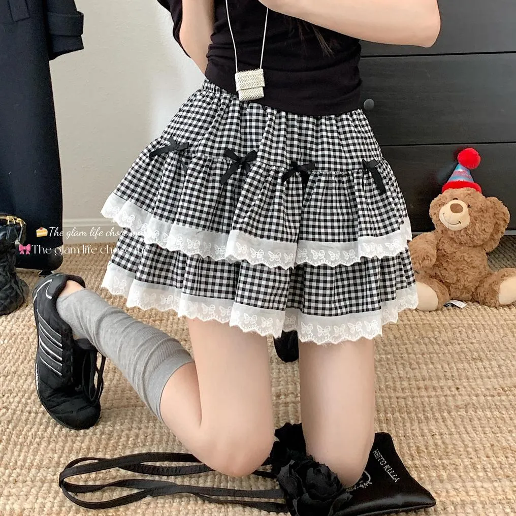 High Rise Tiered Mini Skirt with Checkered Pattern and Lace Trim