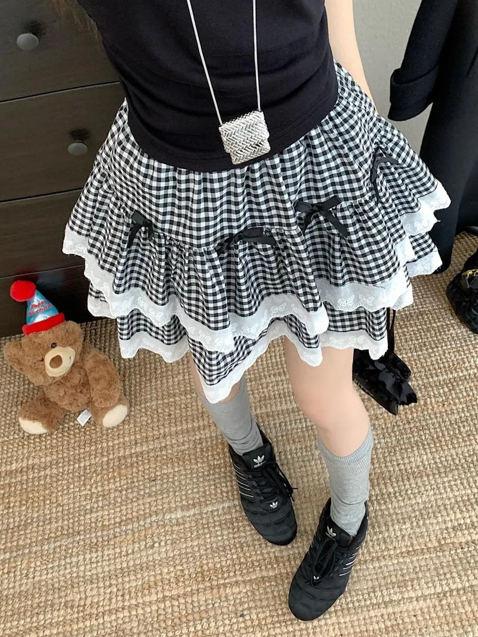 High Rise Tiered Mini Skirt with Checkered Pattern and Lace Trim