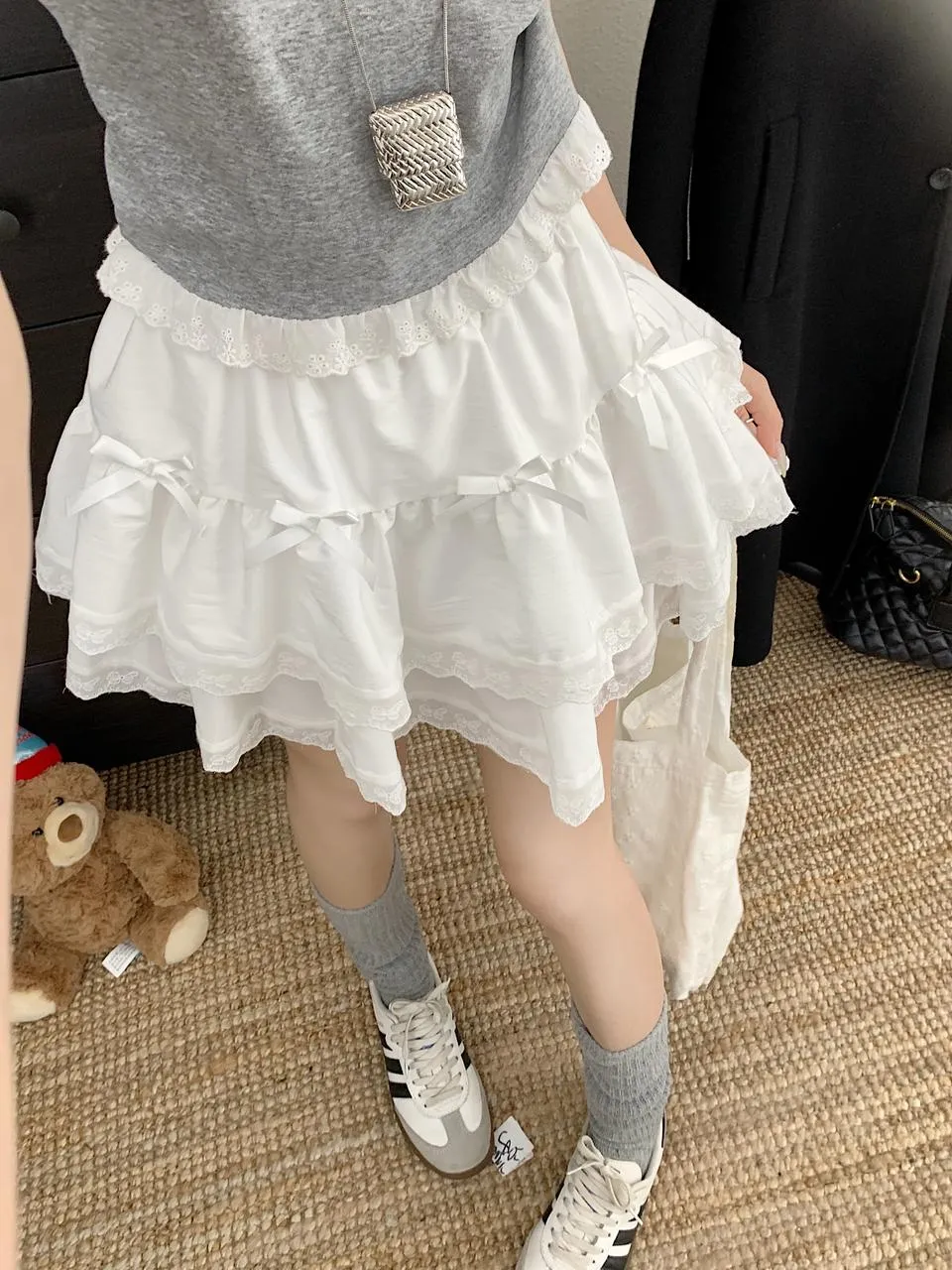 High Rise Tiered Mini Skirt with Checkered Pattern and Lace Trim
