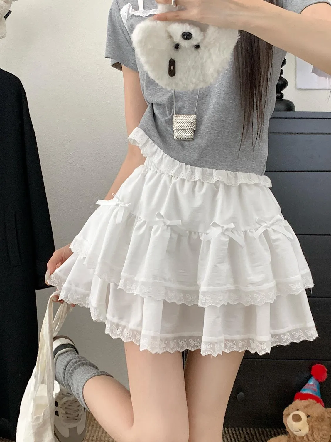 High Rise Tiered Mini Skirt with Checkered Pattern and Lace Trim