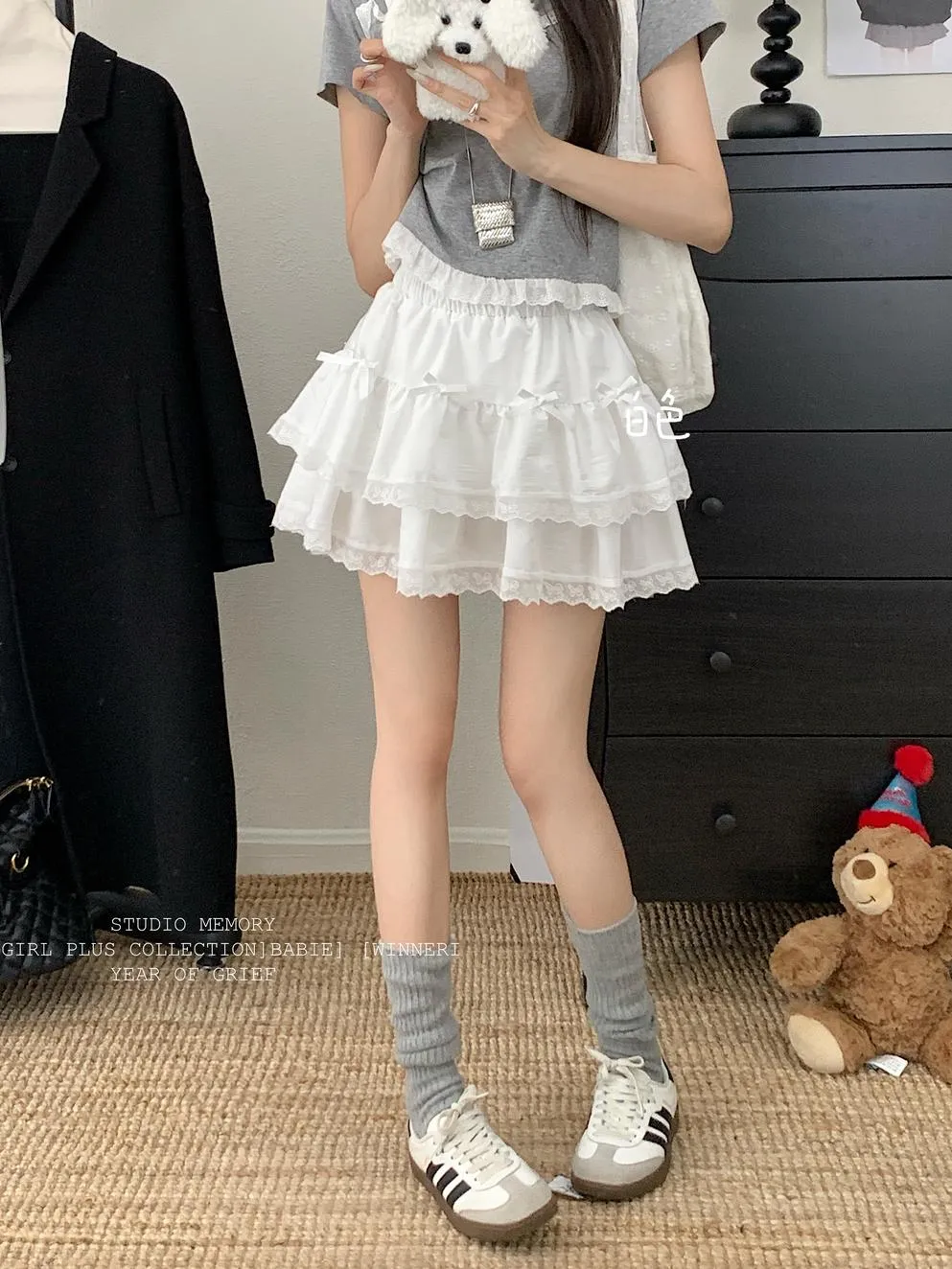 High Rise Tiered Mini Skirt with Checkered Pattern and Lace Trim