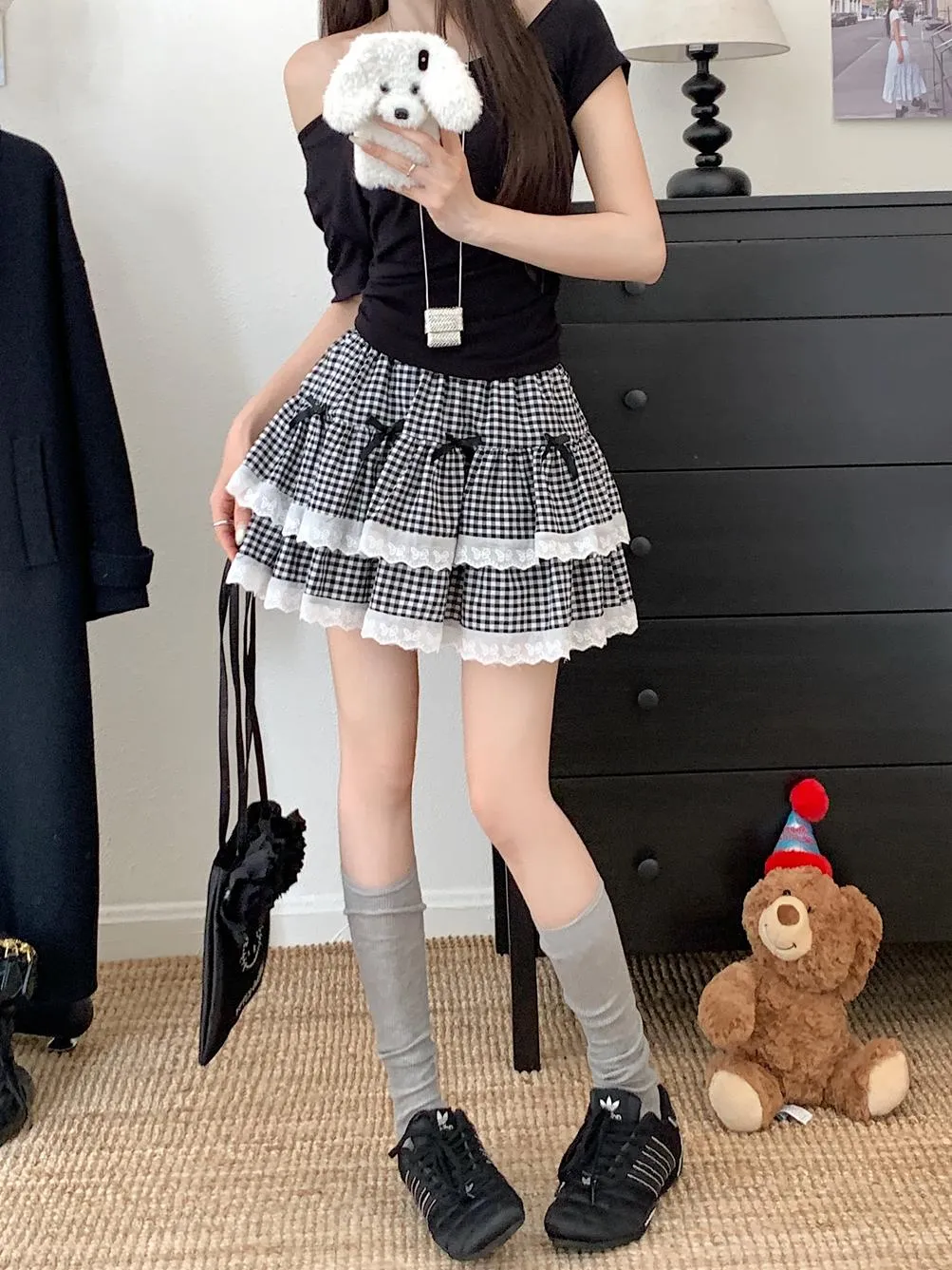 High Rise Tiered Mini Skirt with Checkered Pattern and Lace Trim