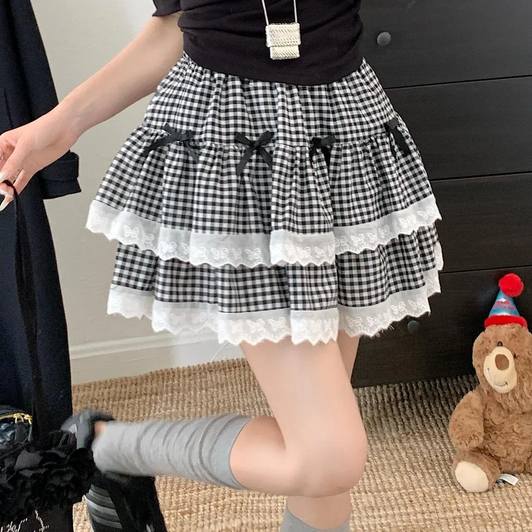 High Rise Tiered Mini Skirt with Checkered Pattern and Lace Trim